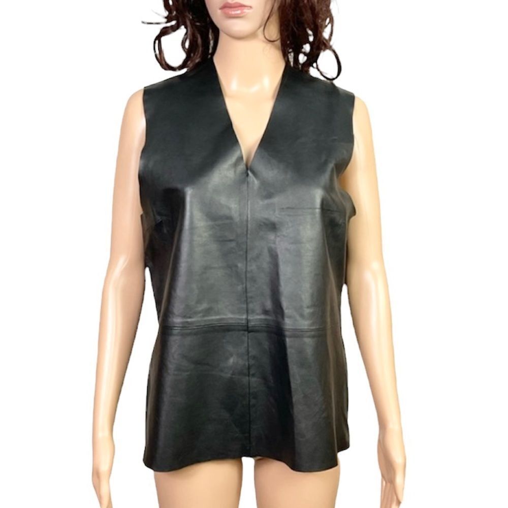Kate Spade Saturday Black Lamb Leather V-Neck Sleeveless Top XL